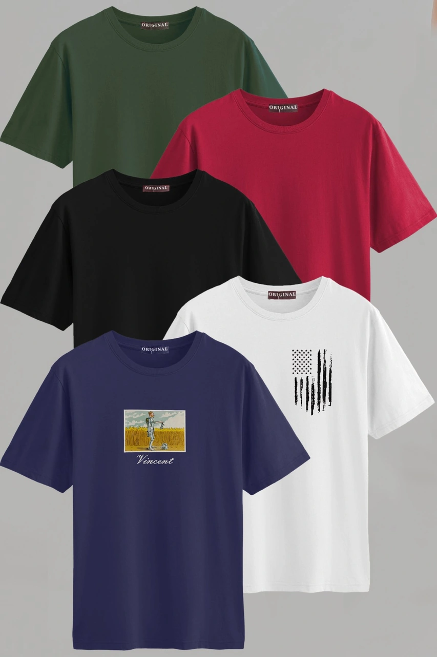 Erkek Desenli-düz Karışık Slim Fit Bisiklet Yaka Pamuk Elastan 5'li Basic Tişört Vk-erkektişört-desendüz-5li