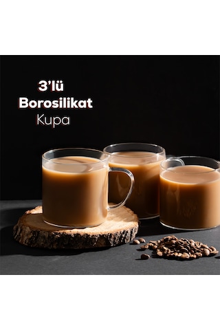 Porsima Pbt-589 Borosilikat Isıya Ateşe Dayanıklı Cam Kulplu 3 Lü Çay Bardağı Kahve Bardak Seti Kupa Şeffaf 350ml Şeffaf