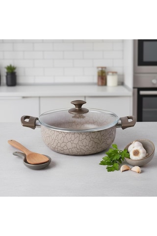 Magma Derin Tencere - 22cm-24cm Seçenekli - İç Dış Beyaz Ve Bronz Detaylı Yanmaz Yapışmaz Cam K