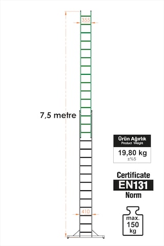 En Uzun Büyük 4x2m. Açılıp Kapanan A Tipi Sürgülü Kullanılabilen Ev Ofis İnşaat Yangın Merdiveni 2x15 Basamak 7,5 Metre