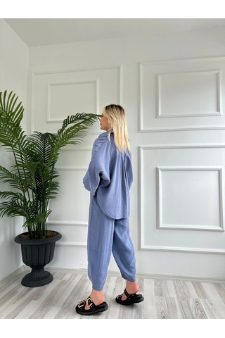 Keymoda Kadın Gömlek Pantolon Takım Gri Mavi Gri Mavi