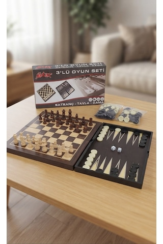 3'lü Oyun Seti 31x31 Cm - Satranç, Tavla Ve Dama Seti Katlanabilir Plastik / Ahşap Görünümlü Zeka Ve Strateji Oyunu