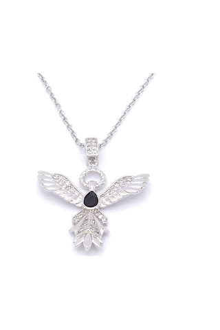 Çelik Kolye, Kadın Melek Kolye, Siyah Taşlı Kolye K-100 Altın