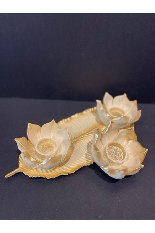 Dekoratif Polyester Üçlü Mumluk Krem-gold Eskitme