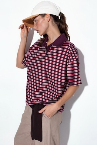 Hiccup Çizgili Oversize Kalıp Polo Yaka T-shirt Kahverengi