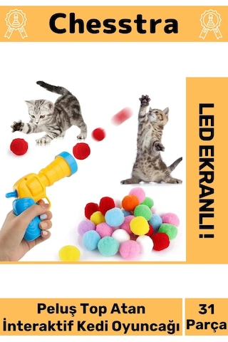 Chesstra Evcil Hayvan Tabancalı Hareketli 30 Peluş Toplu Top Atan İnteraktif 31 Parça Kedi Oyuncağı