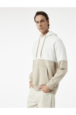 Koton Kapşonlu Renk Bloklu Pamuklu Şardonlu Oversize Kanguru Cepli Hoodie Bej 6wam70033mk Ekru