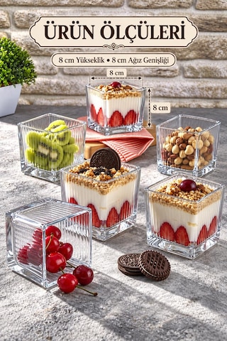 6' Lı Magnolia Cup Kase Cam Magnolya Puding Tatlı Dondurma Kasesi Sunum Seti Düz Çizgi Desenli
