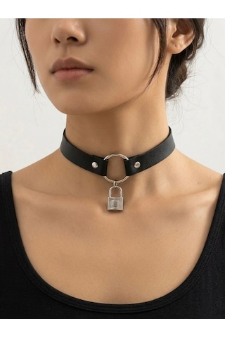 Gotik Choker Kolye Kadın Kilit Detaylı Punk Boyunluk Alternatif Tarz Yaka Kolyesi Gothic Stil Parti Ve Cosplay Aksesuarı Gri