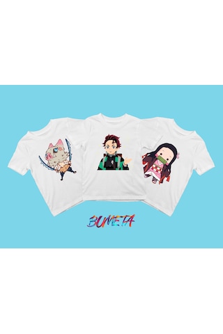 Bumeta Anime Cute Karakter Baskılı Çocuk Tişört 3 Lü Set Beyaz
