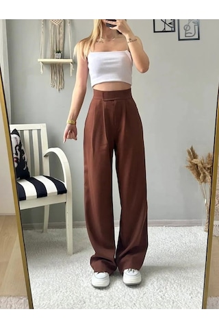 Kadın Likralı Cırt Kapama Lacivert Geniş Paçalı Rahat Palazzo Pantolon Kahverengi