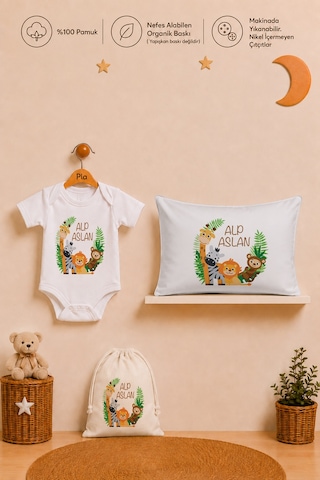 Pia Baby İsimli Erkek Bebek Hediye Seti %100 Pamuk Organik Baskılı Body Yastık Kılıfı Ve Ham Bez Bebek Kıyafet Kesesi 2006byk6x Ekru