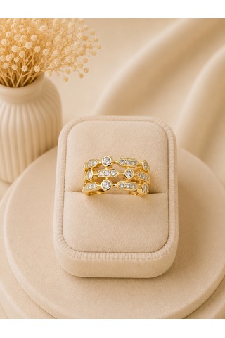 Valmont Accessories Kadın Gold Renk Beyaz Taşlı Çok Sıralı Geometrik Yüzük