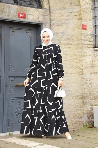 Hira Life Fashion Kadın Tesettür Mevsimlik Beli Kuşaklı Dokuma Viskon Elbise Siyah-beyaz Siyah-beyaz