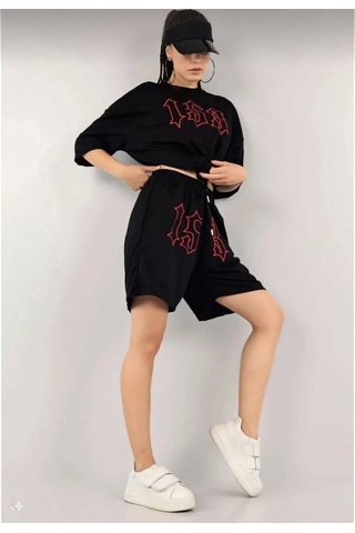 Tarzyeri Kadın Unisex Nakış İşlemeli Şort Takım - Siyah Siyah