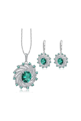 Brezza Lusso Jewelry Zümrüt Oval Taşlı Luxury Vintage Kadın Gümüş Kolye Küpe Set