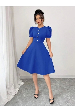 Defymoda Kadın Kısa Kollu Bisiklet Yaka Önden Düğmeli Ithal Krep Elbise Saks Mavi