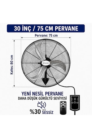 Muzeko Mzk750pro Plus 30 Inç Sanayi Tipi Kumandalı Duvar Tipi Vantilatör 210w 80cm %100 Bakır Motor Ev İçin Uygun Değildir