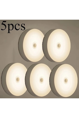 Honeybeeshop 5 Adet Beyaz Manyetik Gece Lambası İnsan Sensörü Led Küçük Yuvarlak Işık Koridor Dolap Merdiven Masa Okul Yatak Odası 200mah Beyaz