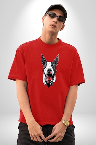 Doberman Kırmızı Dil Siyah Dik Kulak Pamuklu Bisiklet Yaka Unisex Oversize Boyfriend Dijital Baskılı Kırmızı T-shirt Kırmızı