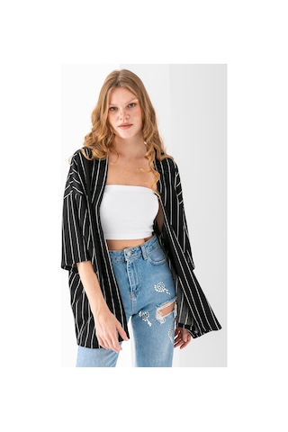 Giysa Kadın Yarım Kol Çizgili Bürümcük Kimono Siyah - 254406 Siyah