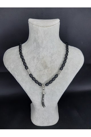 Mryart Oniks Taşı Kolye Zülfikar Uçlu, Doğal Taş, El Yapımı, Unisex 01 - Siyah