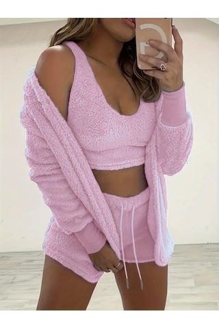 Kadın Askılı Peluş Bluz,şort Ve Ceket Üçlü Takım Pembe