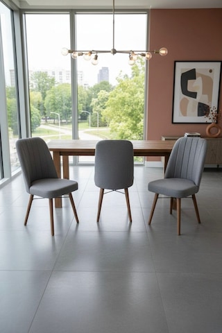 Nora 3 Adet Sandalye - Keten Kumaşlı Sandalye Modern Ahşap Ayaklı Yemek & Çalışma Sandalyesi Minimal Tasarım Gri
