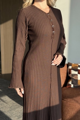 Kahverengi Streç Midi Boy Elbise - 1725 Kahverengi