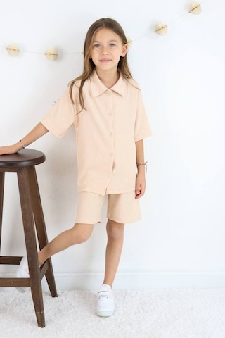 Gömlek Oversize Kız Şort Takım Bej
