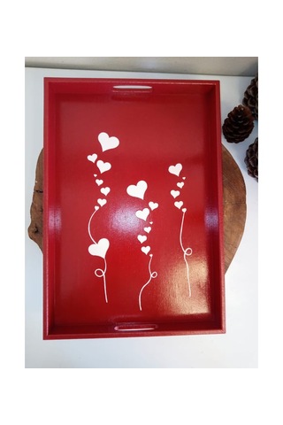 Yeni Yıl Tepsisi Ahşap Dekoratif Kahve, Çay, Söz, Nişan, Sunum , Servis Tepsisi Kırmızı