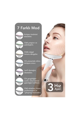 Boyun Ve Yüz Masaj Cihazı - 7 Modlu Led Işıklı Titreşimli Gıdık Sarkma Kırışıklık Güzellik Cihazı Beyaz