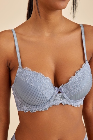 Paris Gri Mavi Balenli Dantelli Dolgulu Push-up Sütyen Mavi