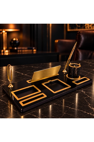 Ofis Prestij Regent Kişiye Özel Altın Detaylı Masa İsimliği Ve Organizer Seti Siyah - Gold