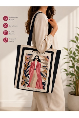 Patch&soul Patchwork Pano Desenli Tote Çanta Bej - Lacivert