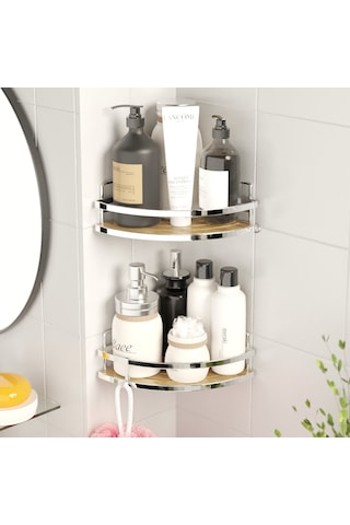 TEKNOTEL YAPIŞKANLI KANCALI 2 ADET BANYO KÖŞE RAFI KROM ST273H Krom