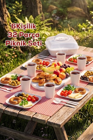 Porsima 0039-2 Karizma 32 Parça 6 Kişilik Pratik Taşınabilir Piknik Seti - Saklama Kutulu Piknik Sepeti Beyaz