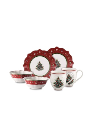 Toy's Delight Kırmızı 2 Kişilik Kahvaltı Seti - Premium Porselen Noel Koleksiyonu 6 Parça Çok Renkli