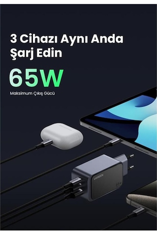Ugreen Nexode Air 65w Gan Hızlı Şarj Cihazı Usb-c Qc Pd 2xusb-c, 1xusb-a, Gri, 35042