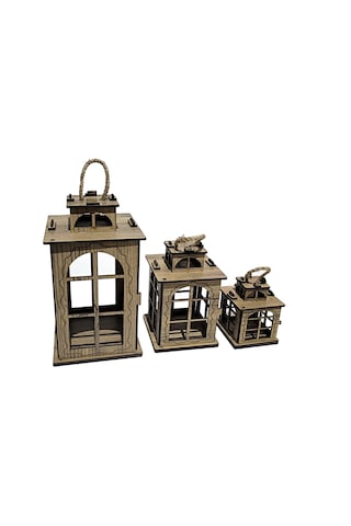Dekoratif Ahşap 3 lü set Fener Mumluk 20 CM