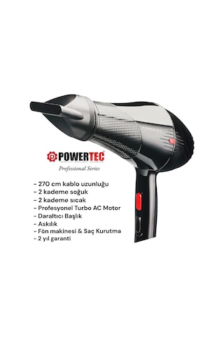 Powertec TR-701 Profesyonel Fön Makinesi + Vigo Difüzör Başlık + Profesyonel Fön Fırçası