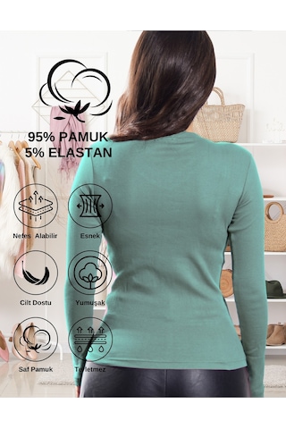 Alya Underwear Pamuklu Kaşkorse V Yaka Body Sweatshirt, Fitilli Kumaş Likralı Bluz, Asker Yeşili Badi Okaliptus