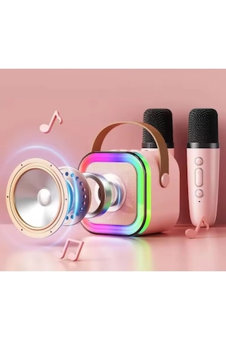 Kareoke Mikrofonu Hoparlör Çift Mikrofon Seti Rgb Işıklı