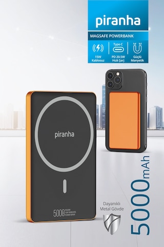 9045-o Magsafe Powerbank 5000 Mah 20w Hızlı Şarj 15w Kablosuz Şarj Güçlü Manyetik Metal Gövde Turuncu