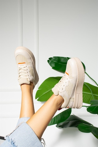 Shoetek Dael Kadın Sneakers Bağcıklı Spor Ayakkabı Bej Deri Bej