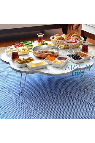Arvenlive Mermer Desenli Ahşap Katlanabilir Papatya Yer Sofrası (467864187)