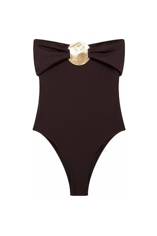 Seksi Monokini Bandeau Kolsuz Slim Fit Tek Parça Bikini Metal Takılarla Karın Kontrol Hızlı Kuruyan Tek Parça Mayo Kahverengi