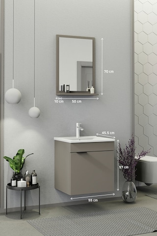 Biani Fix Arya 55 Cm Banyo Dolabı,Seramik Lavabolu, Aynalı,Lavabo Dahil,Mdf,Latte