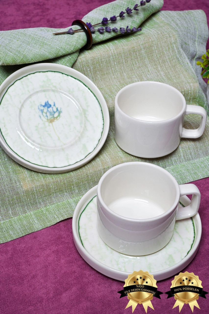 Ebrusu 4 Parça 2 Kişilik Porselen Çay Fincan Takımı Beyaz