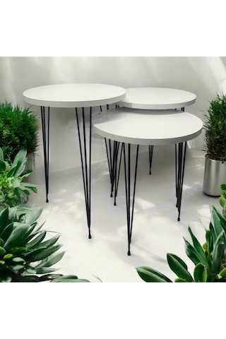 Zigon Sehpa 3'lü Yuvarlak Model Metal Tel Ayak Beyaz Beyaz